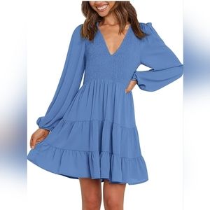 Long Sleeve V-Neck Blue Dress -L
